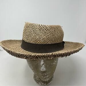 Vintage Henschel Hat Co Lightweight Sheer Classic Straw Boater Bow Sun Hat L